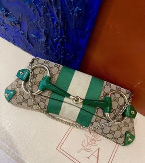 Gucci Iconic Gucci Horsebit 1955 Chain Cloth Gucci Monogram Green Leather and Gold Studs