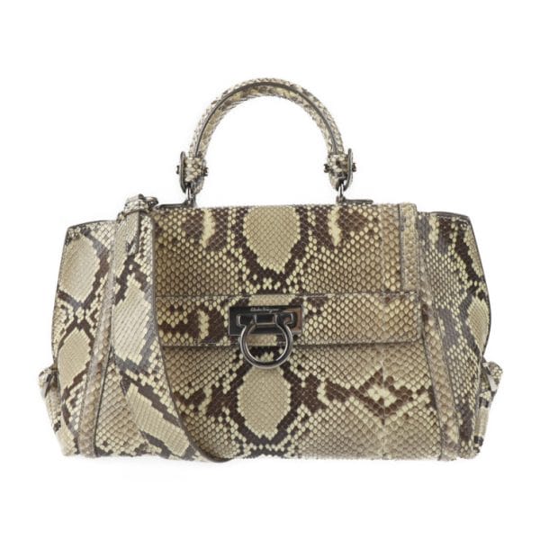 2229123007265 1 Salvatore Ferragamo Sofia Gancini Python Handbag Beige Brown