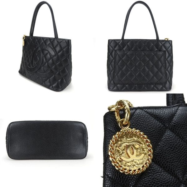 24698 3 Chanel Tote Caviar Skin Coco Mark Leather Tote Bag Black