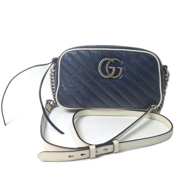 34605 1 Gucci GG Marmont Leather Chain Shoulder Bag Navy White