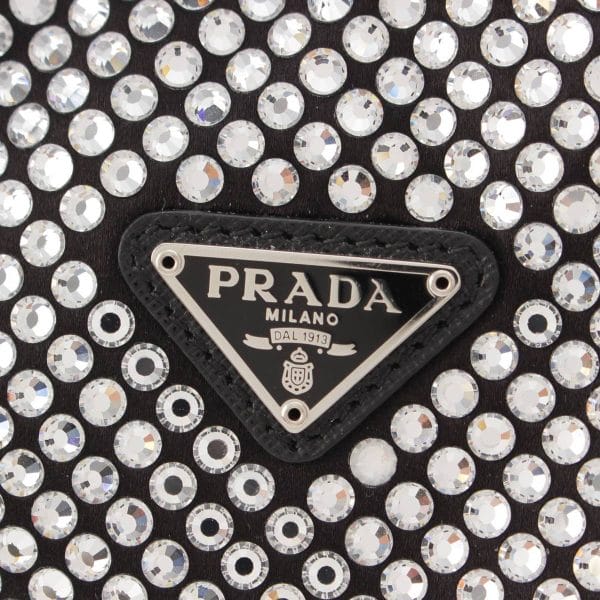 re pra ha w 00209 6 Prada Crystal Triangle Logo Satin Mini Hobo Handbag Black